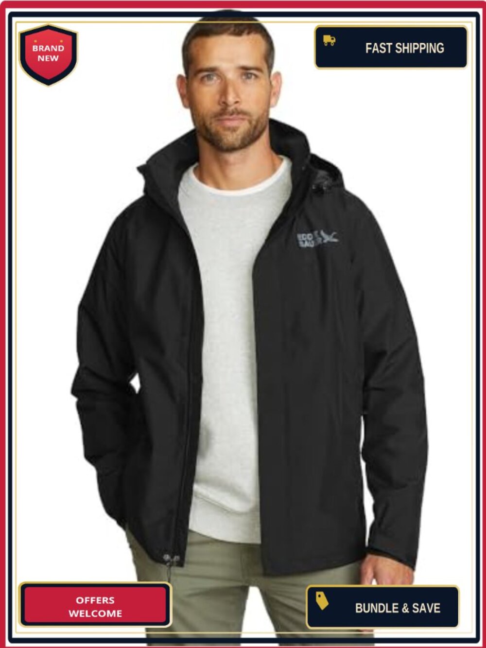 Men's Waterproof Packable Hooded Rain Jacket Active Performance Shell